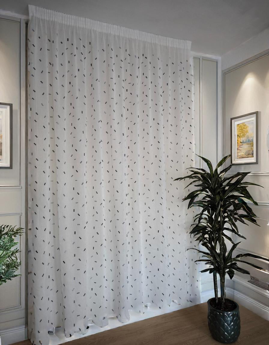 Voilage avec galon fronceur et Ruflette personnaliseè - Tissu blanc avec broderie grise, compatible avec rails de 140/170 cm, Hauteur de 180 à 280 cm - Isabel