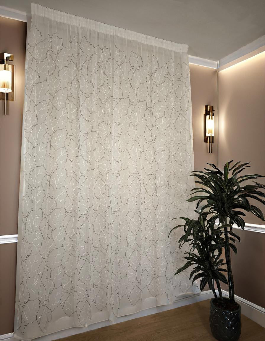 Voilage avec galon fronceur et Ruflette personnalisée - tissu blanc avec broderie blanc/taupe - compatible avec rails de 140/170 cm, Hauteur de 180 à 280 cm  - art.Souffle de feuille taupe