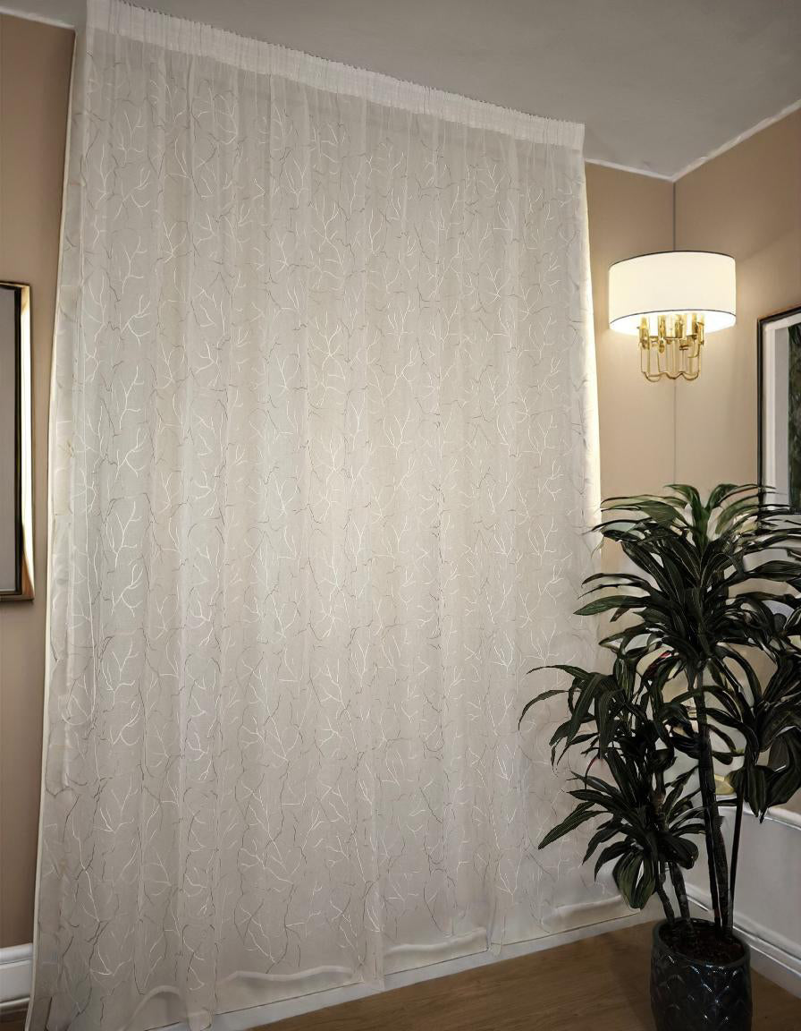 Voilage avec galon fronceur et Ruflette personnalisée - tissu blanc avec broderie blanche et beige - compatible avec rails de140/170 cm, Hauteur de 180 à 280 cm  - art.Souffle de feuille beige