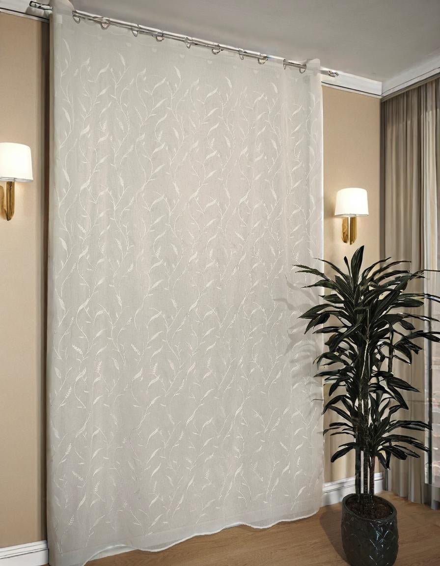 Voilage à œillets brodés pour tringle – 1 panneau blanc – Largeur 200 cm, Hauteur de 180 à 280 cm – Rideaux Salon et Chambre – Art. Feuille