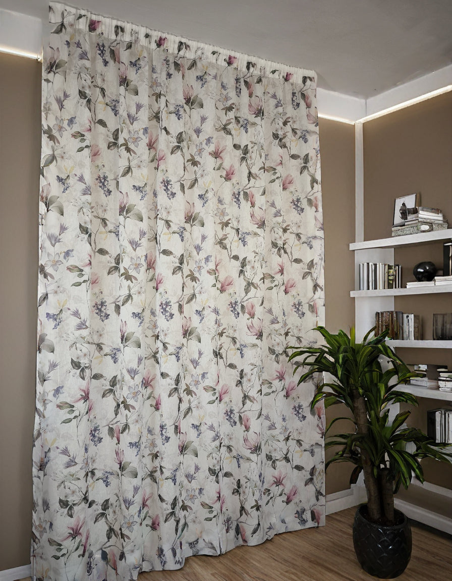 Voilage avec galon fronceur et ruflette - Imprimé floral printanier – Panneau 280 cm pour rails 140/170 cm – Hauteur de 180 à 288 cm – Jardin fleuri 