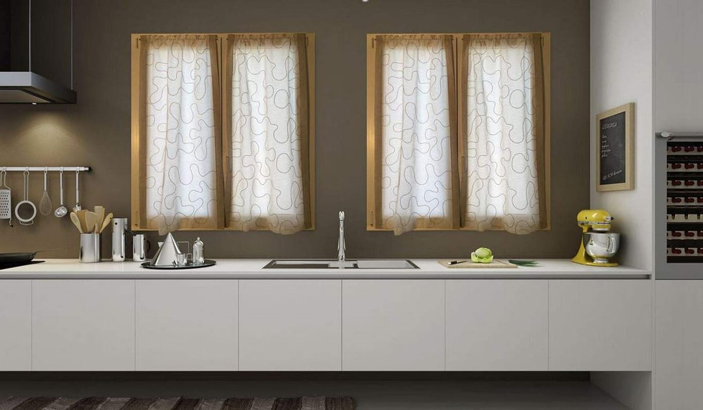 Paire de voilages vitrages voilages en tissu brodé  - tissu effet lin - blanc/gris tourterelle - art.522