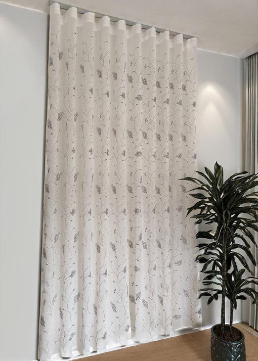 Voilage Wave sur mesure avec rail complet – Largeur 150 cm avec rail inclus - Tissu brodé blanc/gris art.calla