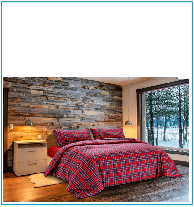 Copripiumino 100% cotone effetto scozzese rosso, posto su letto matrimoniale