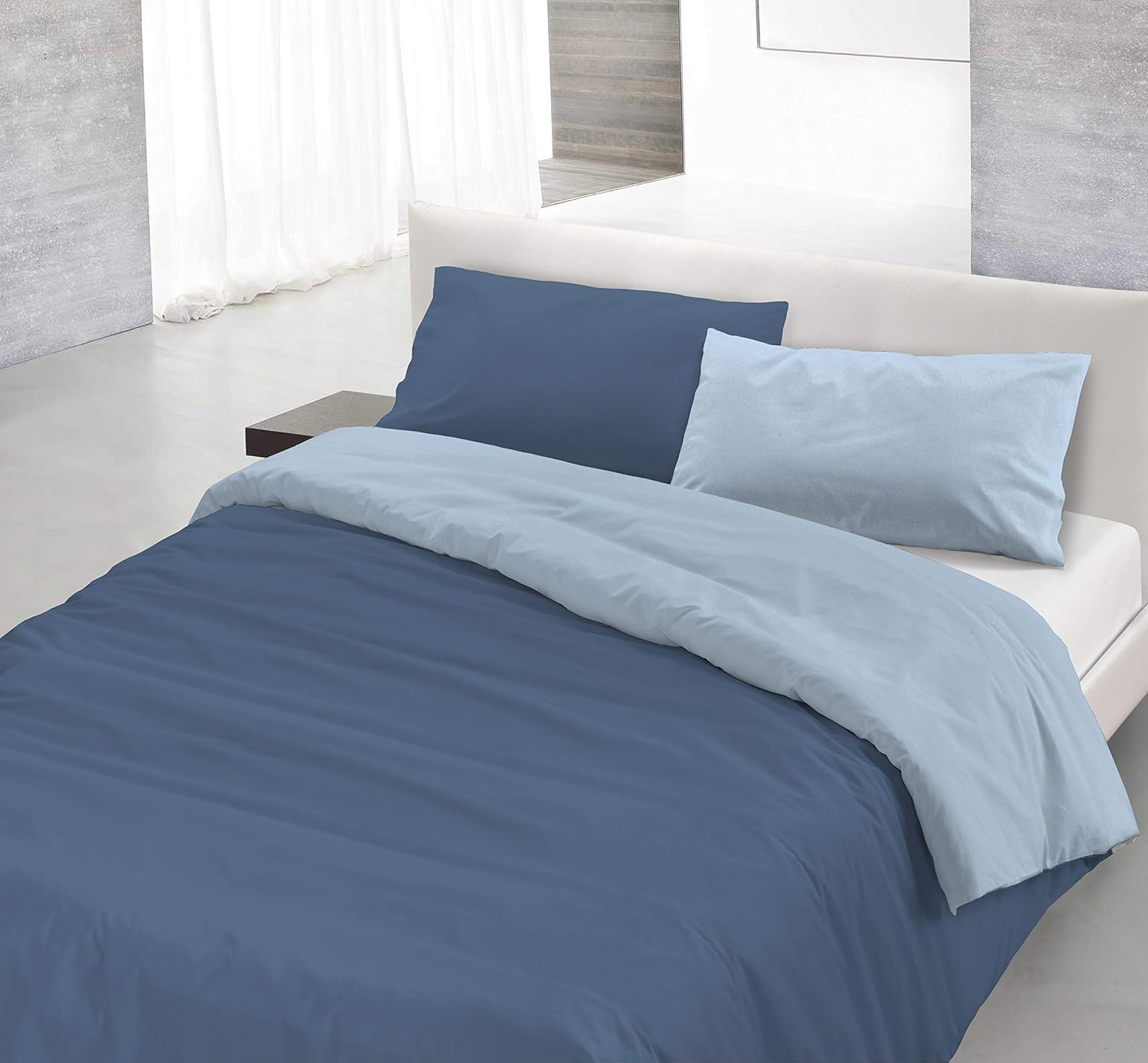 Set copripiumino matrimoniale con federe double-face avio e azzurro Made in Italy