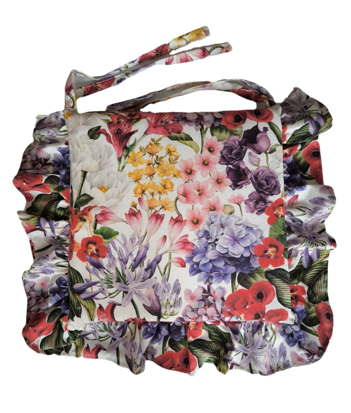 Cuscino con volant e laccetti decorativi, a fantasia floreale multicolor
