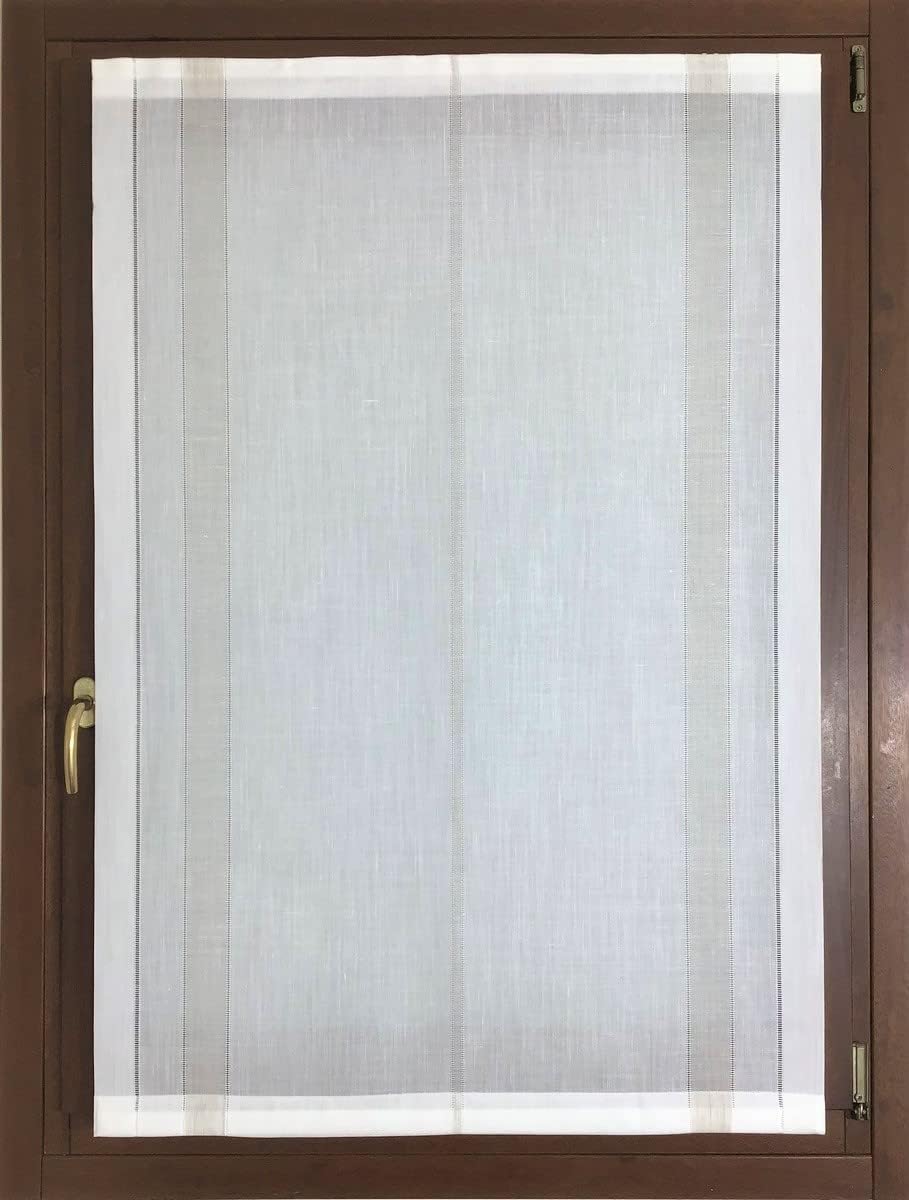 Tissu mélangé de lin 50/50 au Mètre , pour voilage vitrage , brise-bise, panneau japonais, stores bateau Largeur de 40 à 90 cm- blanc/taupe-art.103