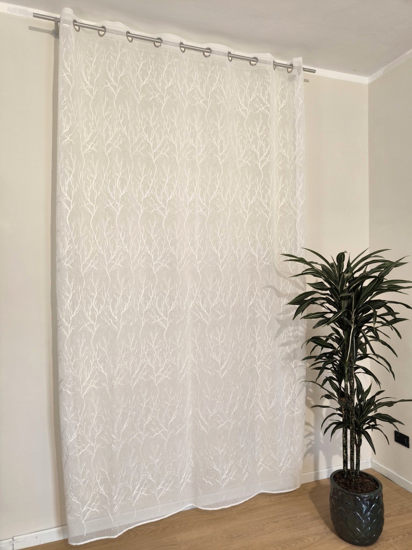 Voilage à œillets – 1 panneau blanc – Largeur 200 cm, Hauteur de 180 à 280 cm – Rideaux Salon et Chambre – Art. Branches Sèches