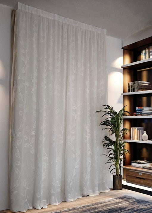 Voilage avec galon fronceur et Ruflette personnalisé, tissu brodé blanc, largeur panneau 280 cm,  compatible avec rails de 140/170 cm, hauteur de 180 à 281 cm-art.Alice
