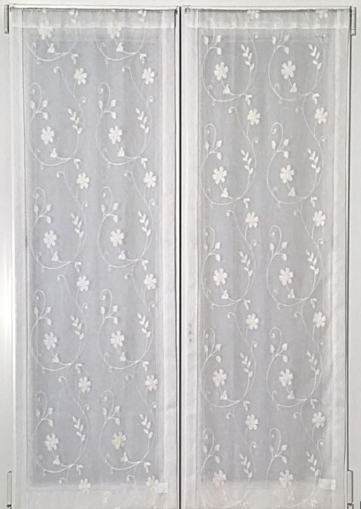 Paire de voilages vitrage - Tissu blanc avec fleur brodée -  3 var. blanc/gris/rose  - largeur 60 cm - longueur sur mesure - art.516
