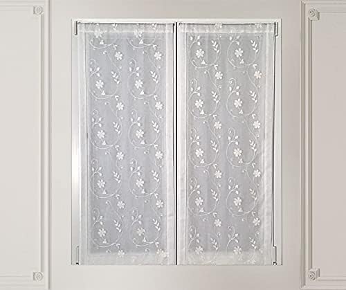 Paire de voilages vitrage - Tissu blanc avec fleur brodée -  3 var. blanc/gris/rose  - largeur 60 cm - longueur sur mesure - art.516