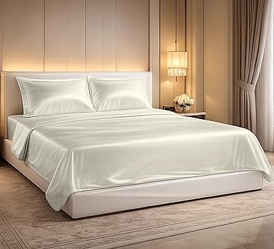 Letto matrimoniale con lenzuola in raso di cotone avorio, completo letto elegante e morbido