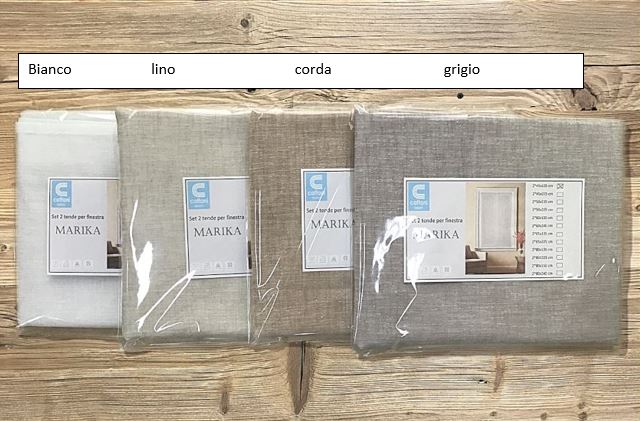 Tende Marika in quattro colori: bianco, lino, grigio e corda.