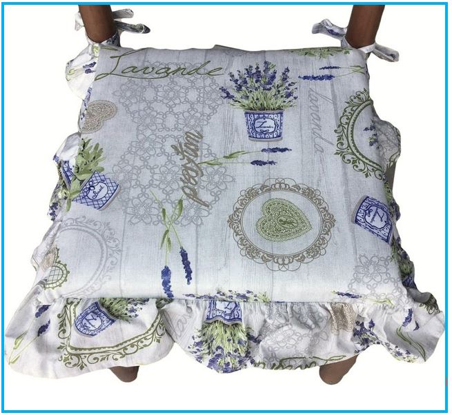 Galettes de chaise à volants – Lot de 4 coussins en coton lavables - Motif Lavande Provence