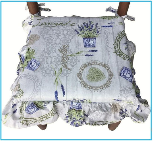Galettes de chaise à volants – Lot de 4 coussins en coton lavables - Motif Lavande Provence