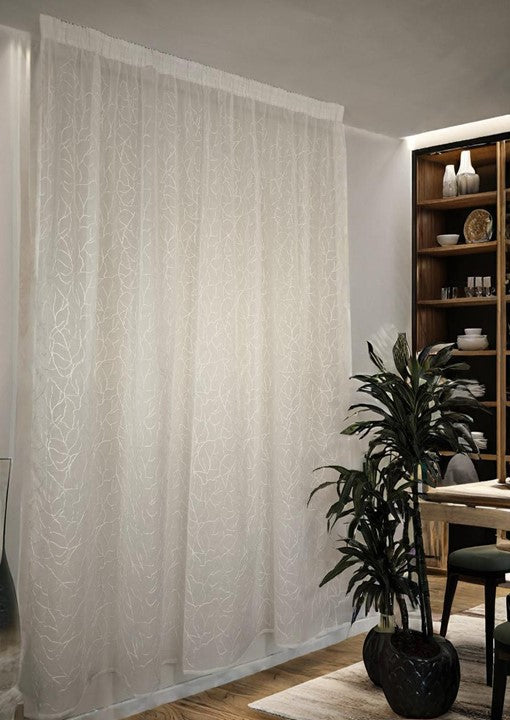 Voilage avec galon fronceur et Ruflette personnalisée - tissu blanc avec broderie blanche - compatible avec rails de140/170 cm, Hauteur de 180 à 280 cm  - art.Souffle de feuille