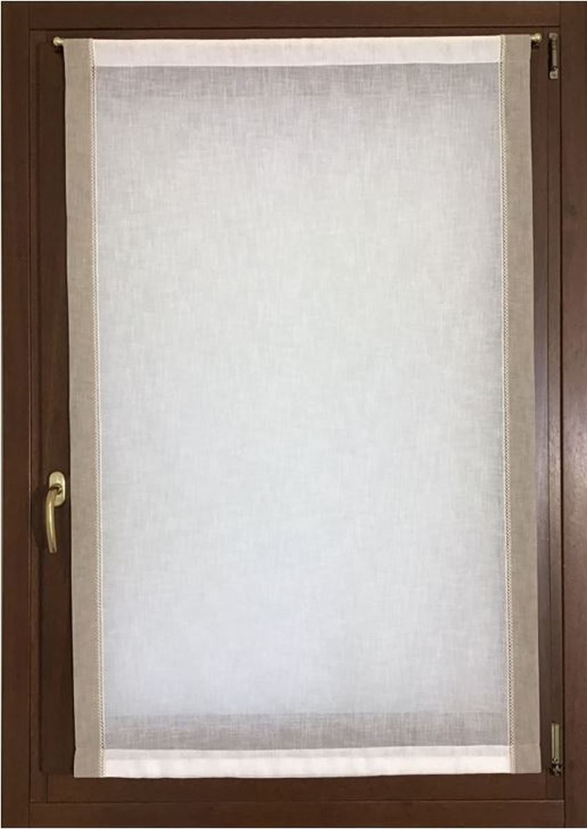 Voilage vitrage – passe-tringle – sur mesure de 30 à 90 - longueur sur mesure, largeur de 30 à 90, tissu effet lin blanc avec bord latéral en corde, longueur personnalisée art.603
