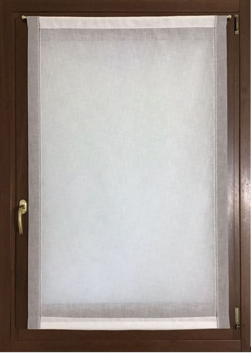 Voilage vitrage – passe-tringle – sur mesure de 30 à 90 - longueur sur mesure, tissu effet lin blanc avec bordure latérale grise, longueur sur mesure art.601