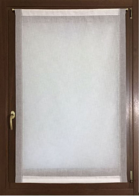 Voilage vitrage – passe-tringle – sur mesure de 30 à 90 - longueur sur mesure, tissu effet lin blanc avec bordure latérale grise, longueur sur mesure art.601