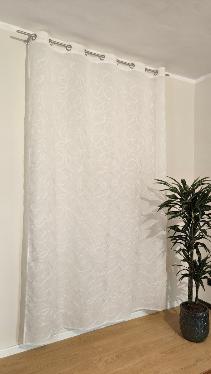 Voilage à œillets brodé – 1 panneau blanc – Largeur 200 cm, Hauteur de 180 à 280 cm – Salon et Chambre – Art Tebe
