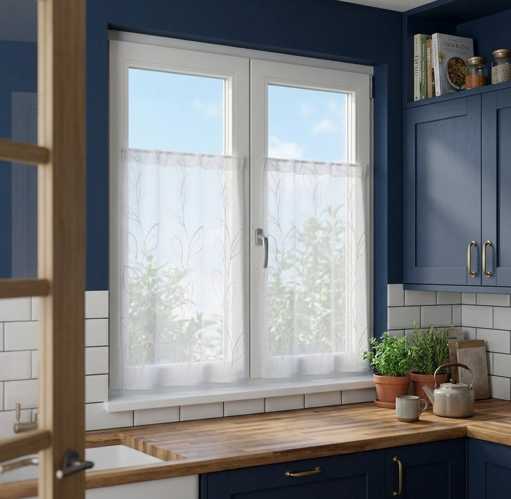 Coppia di tende corte installate su una finestra della cucina, che lasciano filtrare la luce naturale.