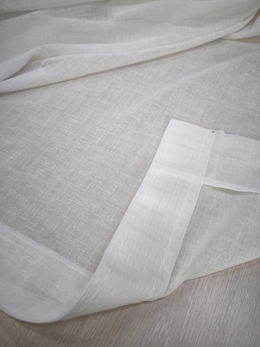Voilage avec galon fronceur et Ruflette personnalisé - tissu uni effet lin blanc,compatible avec rails de  150/180 cm, hauteur de 180 à 325 cm