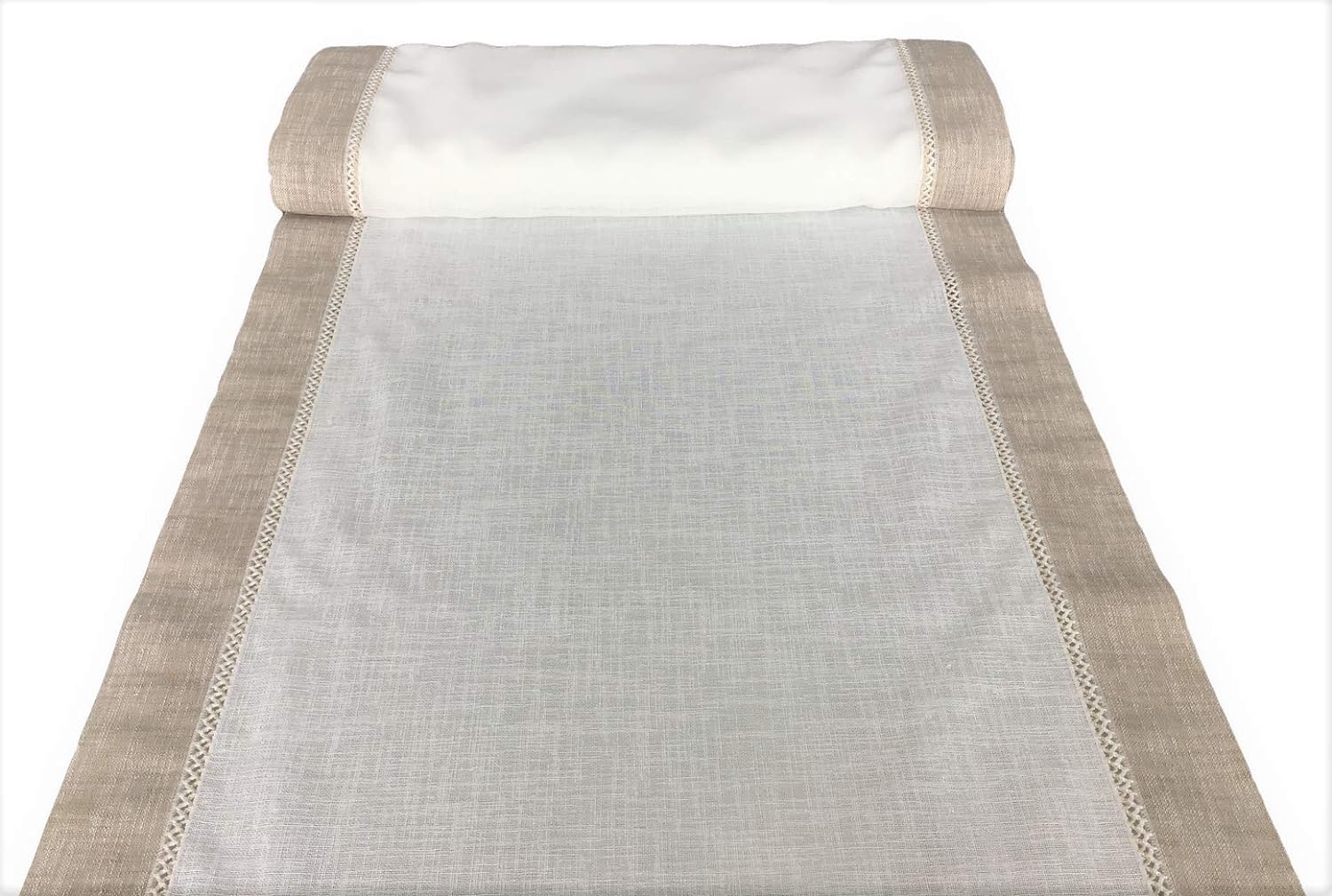 Tessuto tenda vetro bianco naturale effetto lino con bordo corda ai lati e crochetta