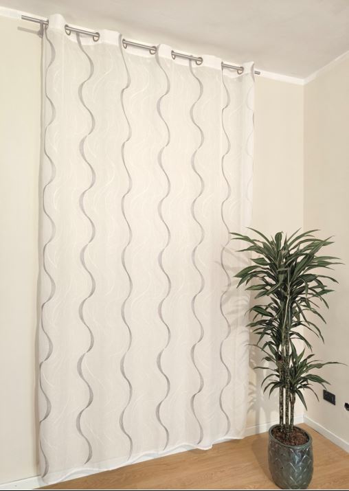  Voilage à œillets pour tringle – Largeur maxi 200 cm – Hauteur sur mesure – Tissu brodé – Blanc/Gris – Art. Wave